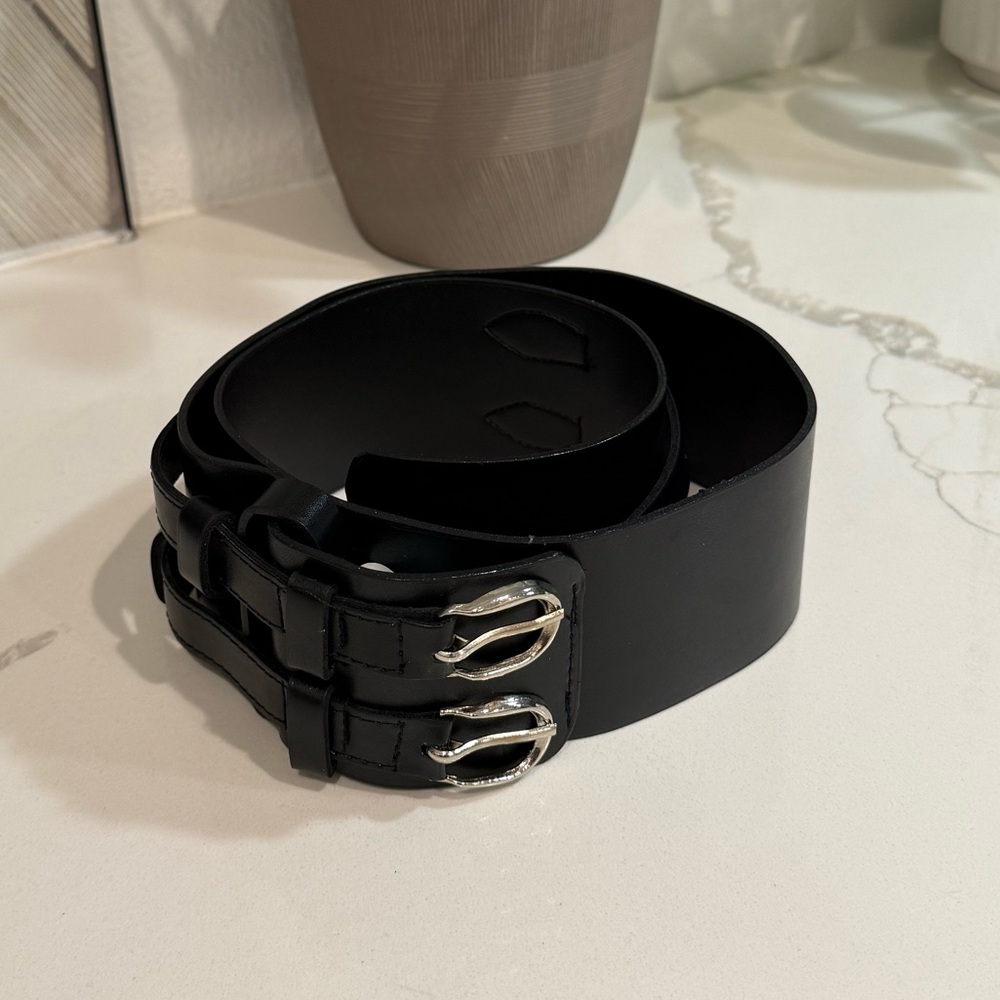 Black Faux Leather Belt with Silver Buckles